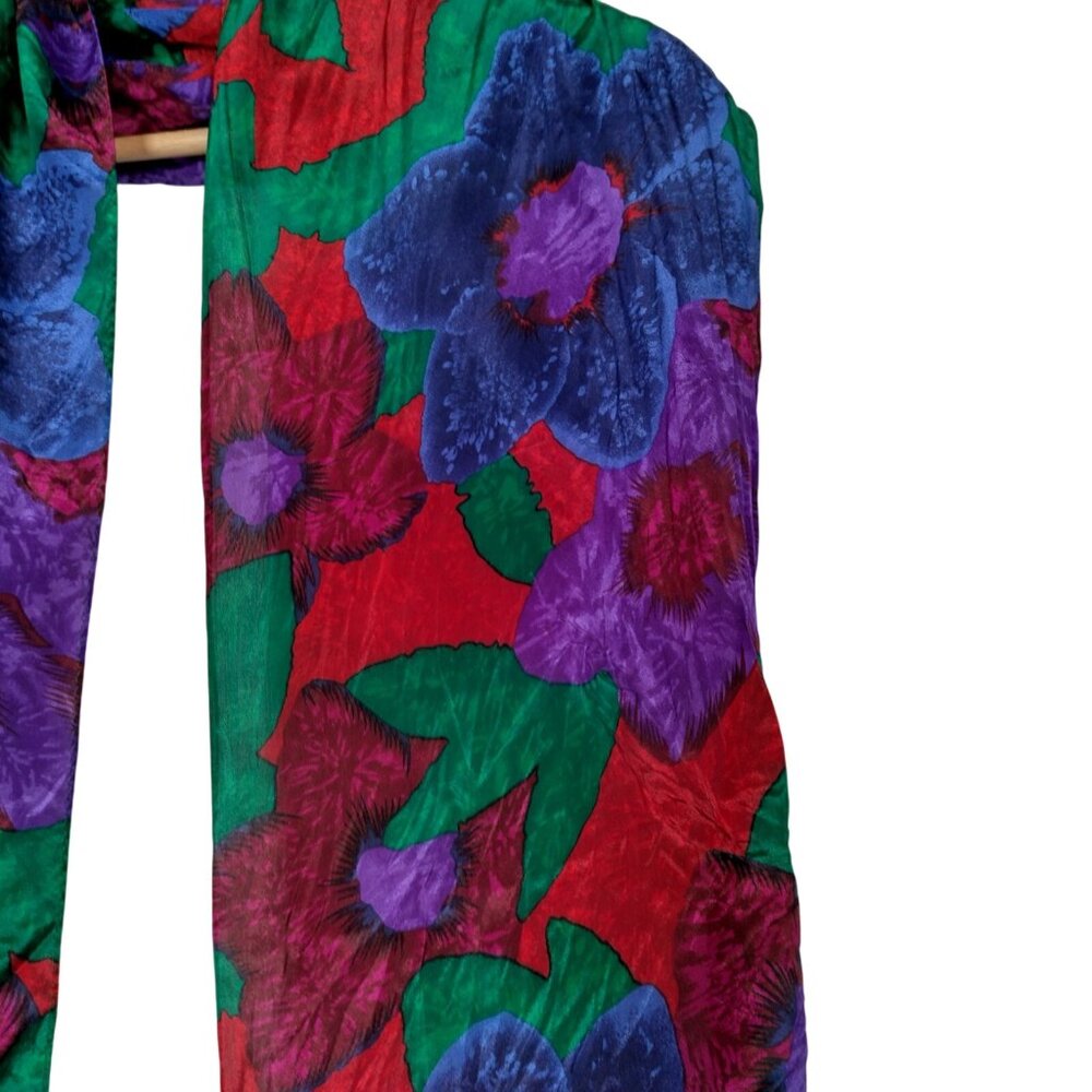 Vintage 1990s Liz Claiborne Silk Scarf Bold Colorful Flowers Rectangle 10x52" - Picture 2 of 13
